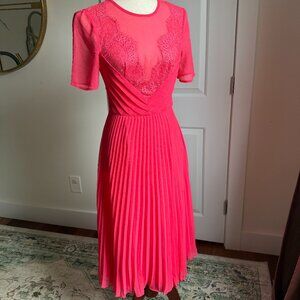 ASOS Lace And Pleat Skater Midi Dress Coral Pink Size 0